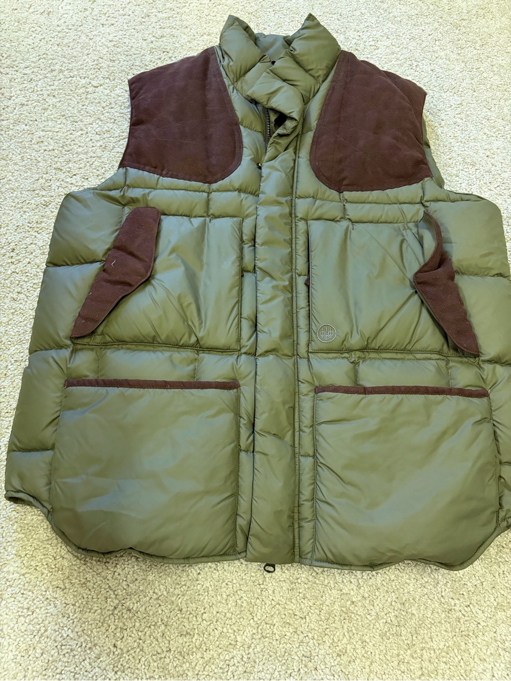 Men’s Olive Quilted Puffer Vest with Brown Trim